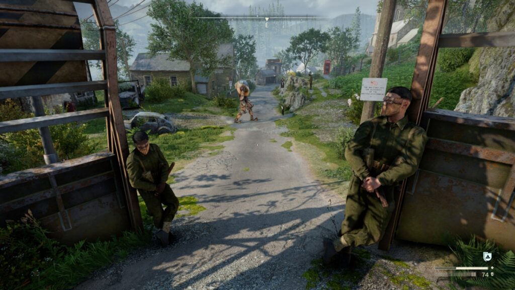 Soldiers lean against a gate to intimidate troublemakers in Atomfall