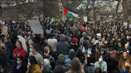 Protestors gather at Tufts University in Boston to protest the detention of PD student Rumeysa Ozturk