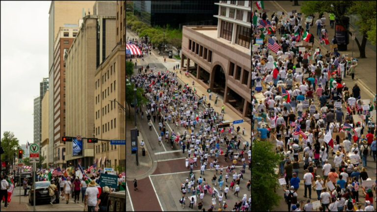 A collage of pictures from the Trump protests in Dallas featuring a large crowd