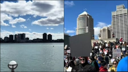 Detroit protestors singing 'O, Canada" in objection to Trump