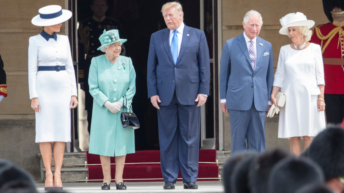 Donald Trump during past UK visit to Queen Elizabeth with his wife Melania Trump.