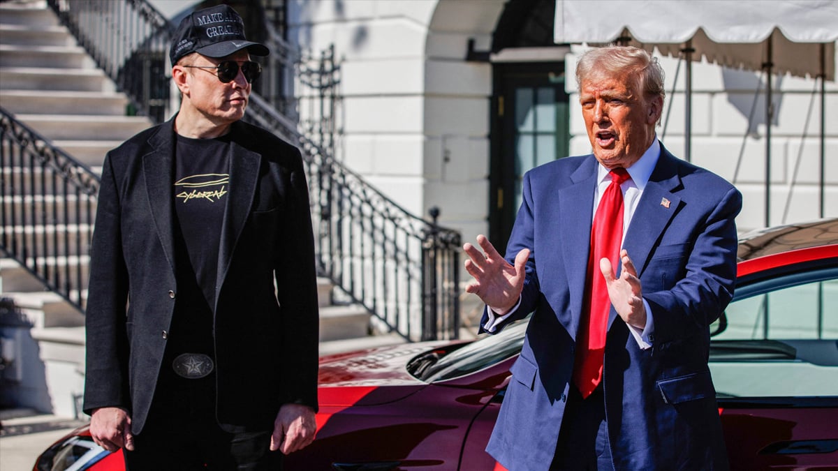 Elon Musk present as Trump views Tesla Vehicles on the South Lawn Driveway of The White House
