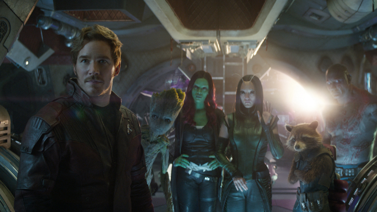Zoe Saldana as Gamora, and other cast of Guardians of the Galaxy.