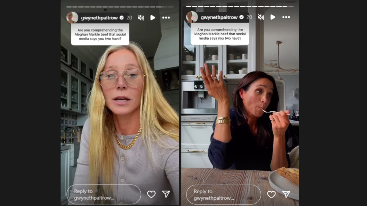 Screenshot excerpts from Gwyneth Paltrow's clip dispelling rumors of feud with Meghan Markle.