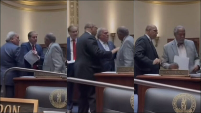 Three photos showing a confrontation between Kentucky State Senator Gerald Neal and his colleagues in Frankfort