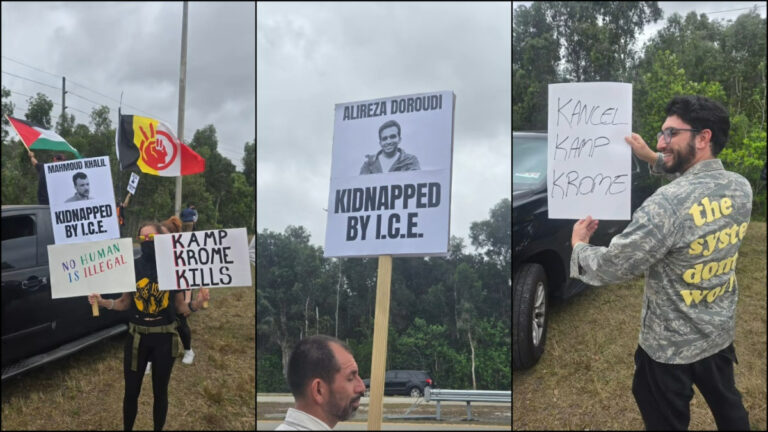 Protestors hold signs denouncing the abductions by ICE and the treatment of those at the Krome Detention Facility in Miami