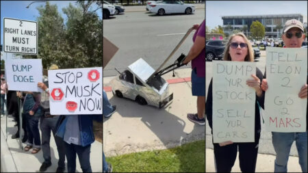 Tesla protestors in La Jolla hold signs and wheel around a miniture Tesla featuring a tiny, saluting Elon Musk cutout