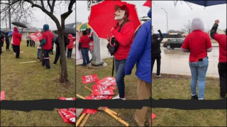 Wisconsin activists brave the rain in Madison for a protest against Trump, one wearing a mask from V for Vendetta and carrying an umbrella