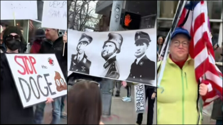 ‘Greatest Protest Sign Ever?’ Spotted at Manhattan Tesla Protest: ‘Get the T Shirts Made’ A collage of images from a Manhattan protest, including a sign that casts Trump and allies as Nazis
