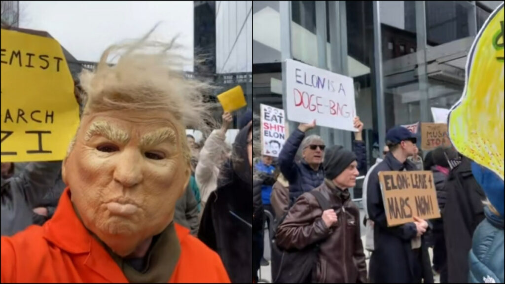 NYC Tesla Protest Features Trump Mask and Righteous Anger: ‘FDT and His Robot Bestie’ A person in a Trump mask poses with fellow protestors at a Tesla protest in NYC