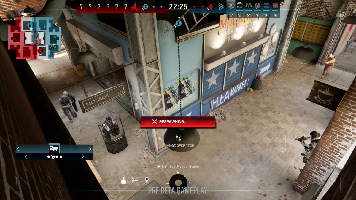 Two teams of operators approach one another around a corner