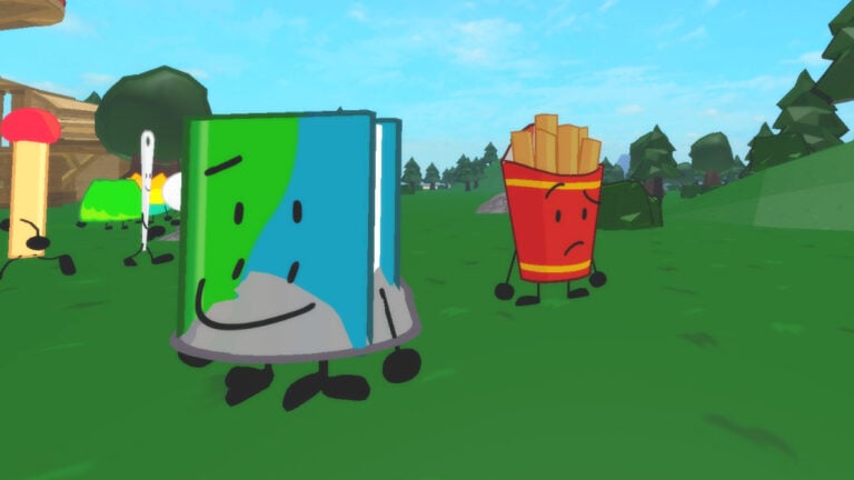 Roblox Battle For Dream Island Again Codes (March 2025) An anthropomorphic book and french fry box hang out in a field in Roblox Battle for Dream Island RBFDI