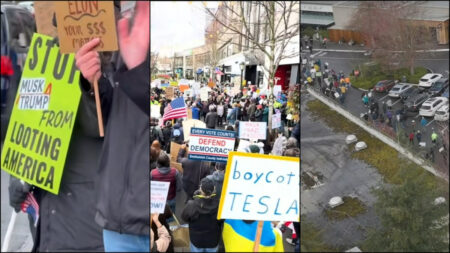 Seattle Hosts Its Largest Tesla Protest Yet as Musk Objections Grow: ‘Musk Be Stopped’ Protestors march with signs as the Tesla protests in Seattle continue to grow