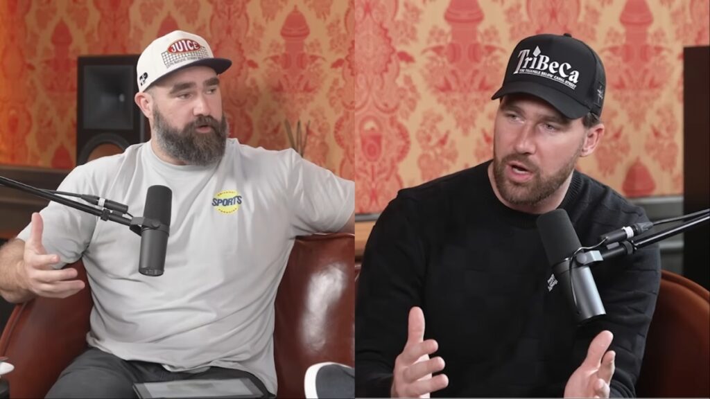 Jason and Travis Kelce on the New Heights Podcast together