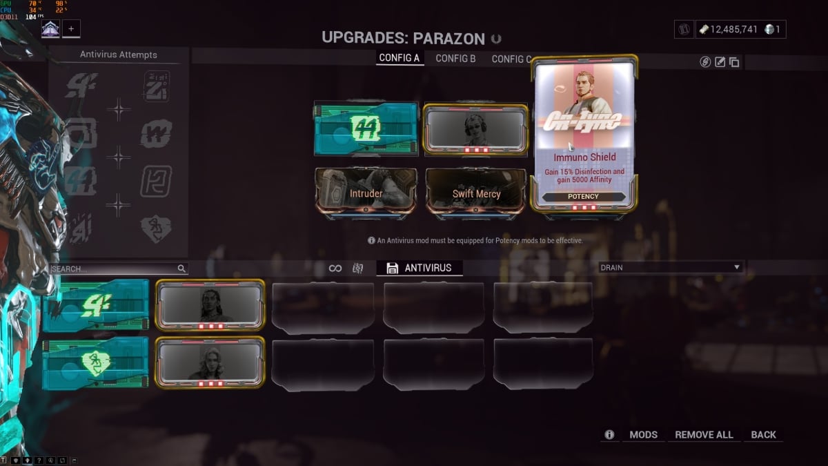 Warframe Antivirus mods & potency mods