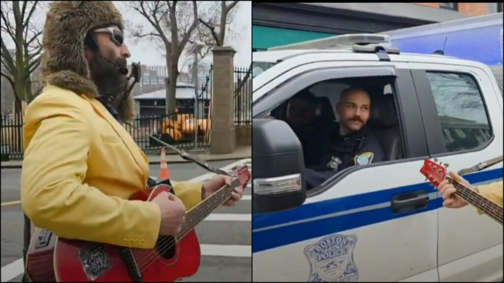 Musical Comedian Robby Roadsteamer Sings To Boston Cops About ICE Abductions: ‘This Is Sooo Boston’ Musical comedian Robby Roadsteamer wears a yellow coat and plays guitar while singing to Boston cops