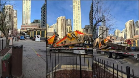 The Hard Rock Cafe guitar sign being removed and put on a truck in Chicago