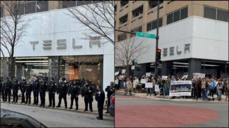 Side by side shots of a Chicago Tesla dealership showing cops in one photo and protestors in the other
