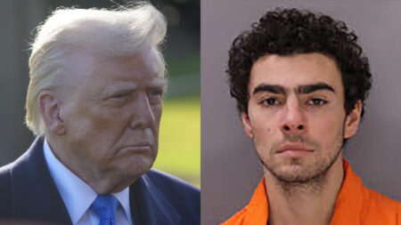 A photo collage of Donald Trump and Luigi Mangione