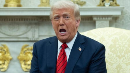 Donald Trump speaking to reporters during meeting with Prime Minister Giorgia Meloni of the Italian Republic in the Oval Office of the White House in Washington, DC, US, on Thursday, April 17, 2025