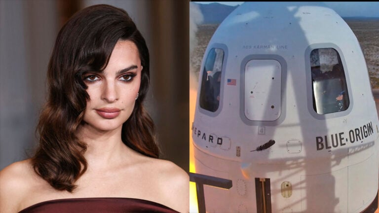 A photo collage of Emily Ratajkowski and The Blue Origin Space Pod