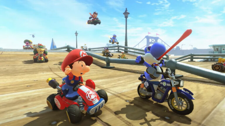 Baby Mario racing in Mario Kart World