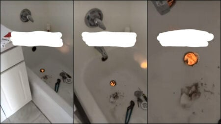 A New York woman makes eye contact with her downstairs neighbor through the hollow shower drain