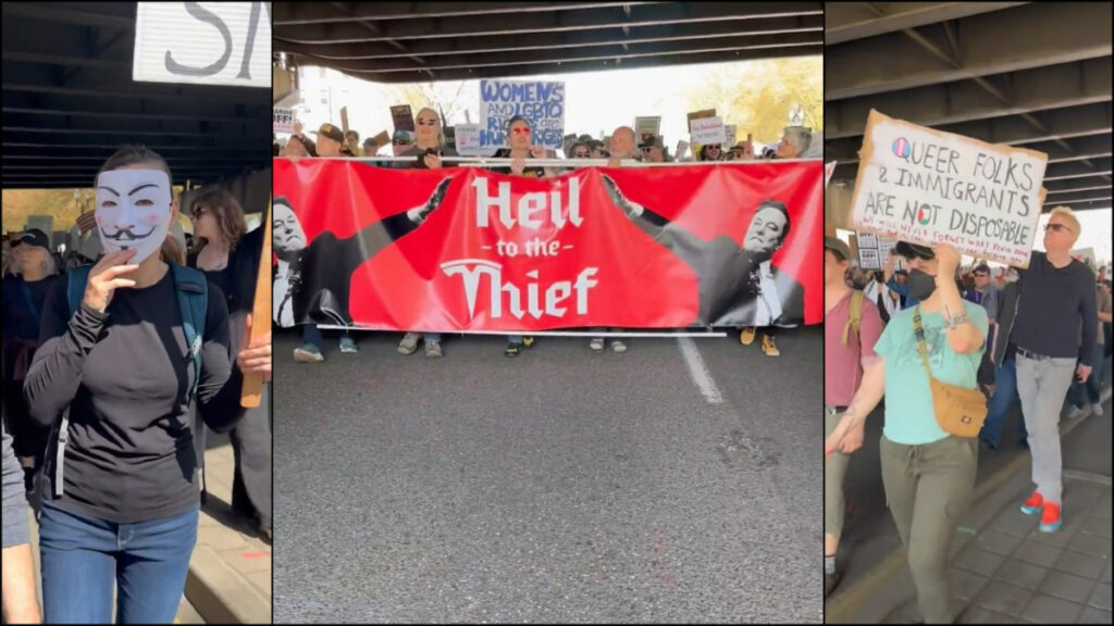 Oregon Locals Say ‘Heil to the Thief’ at Portland Protest: ‘Love You Portland!’ Oregon protestors at a Portland rally against Trump and Musk hold a large 'Heil to the Thief' banner featuring Musk doing a Nazi salute