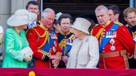Camilla Duchess of Cornwall, Catherine Duchess of Cambridge, Kate Middleton, Prince Harry Duke of Sussex, Meghan Markle Duchess of Sussex, Princess Beatrice of York, Princess Eugenie of York and husband Jack Brooksbank, Prince Charles of Wales, Prince William Duke of Cambridge, Queen Elizabeth II., during Trooping the Colours in June 2019.