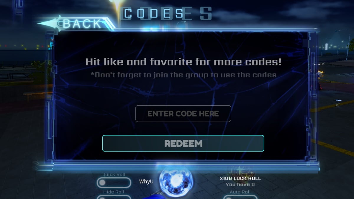 The roblox code redeem page in hunters