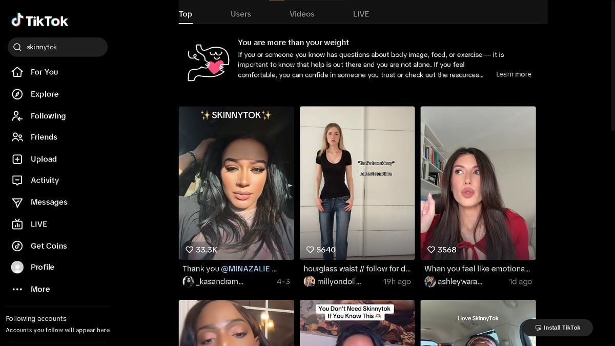 TikTok's 'your are more than your weight' message when searching for skinnytok