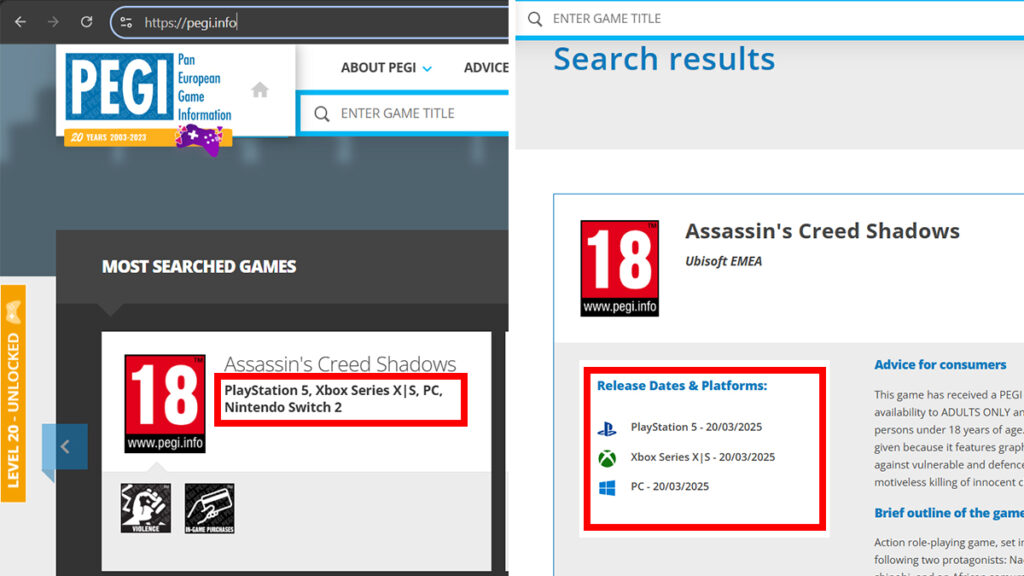 Assassin's Creed Shadows PEGI page