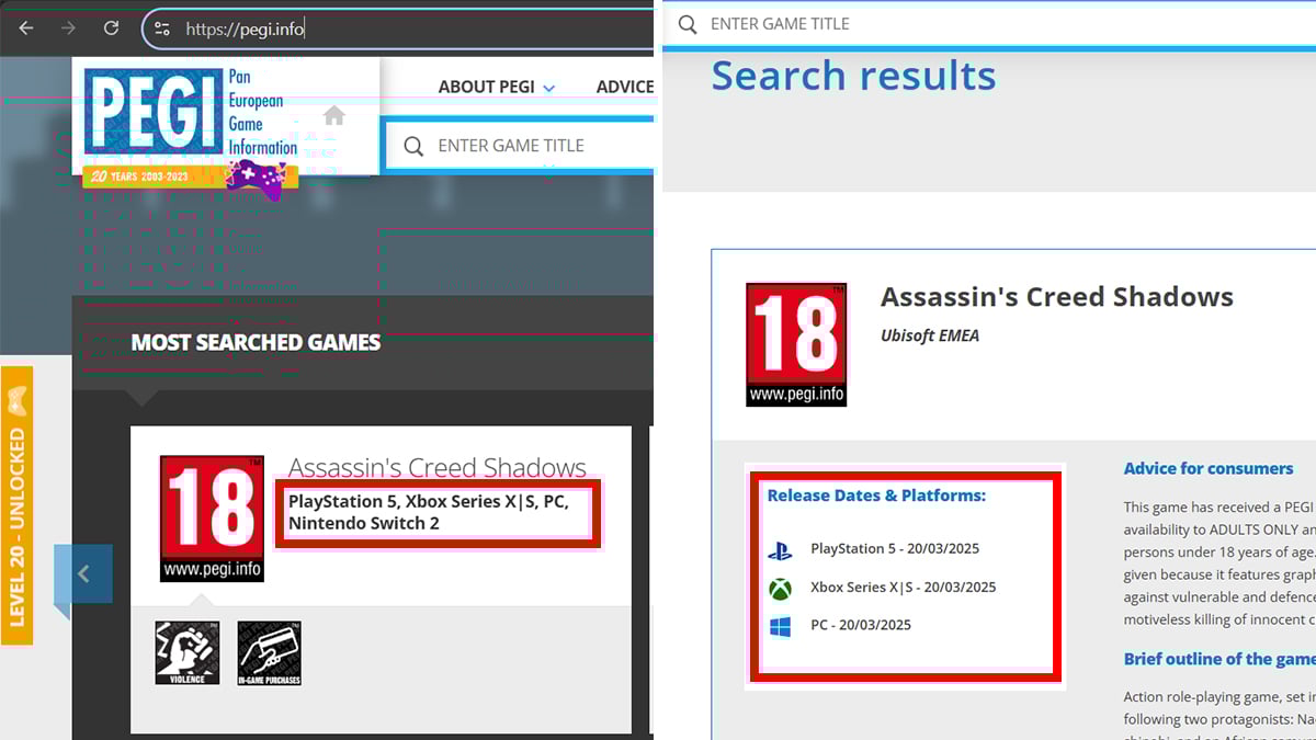 Assassin's Creed Shadows PEGI page