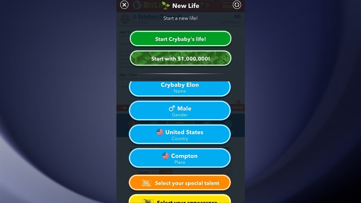 creating a bitizen born in california in bitlife