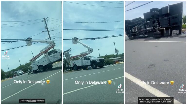 Instant Regret: Work Truck Collides with Power Lines & Topples Over in Delaware, ‘He Look Drunk AF’ Delaware driver crashes into power cables and topples over
