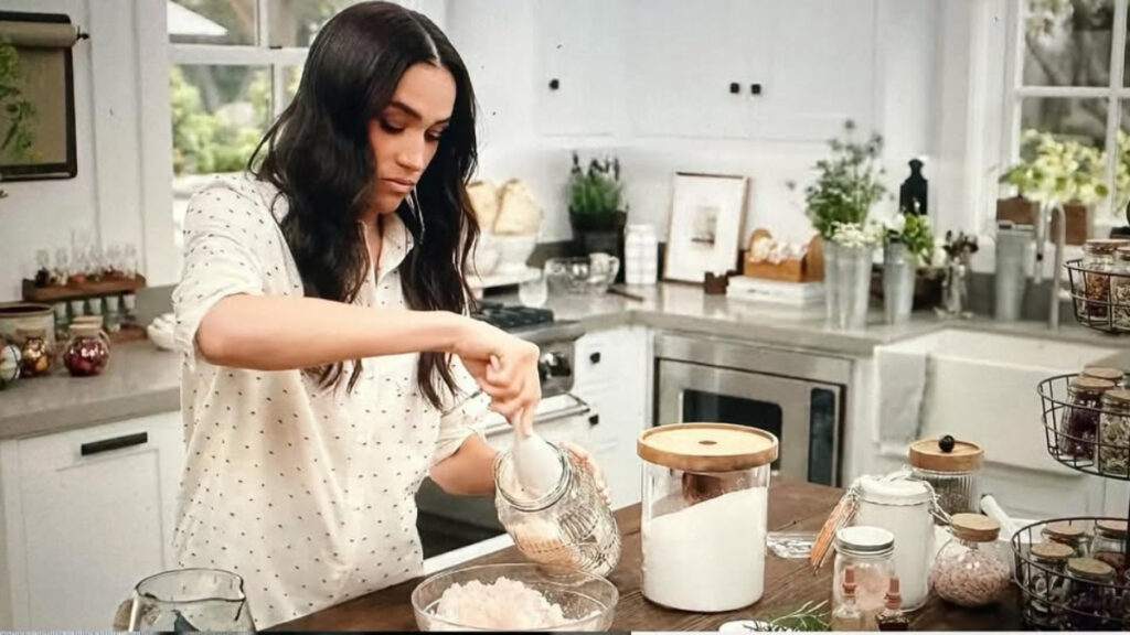 Screenshot of Meghan Markle preparing her homemade bath salt on cooking show, With Love, Meghan.