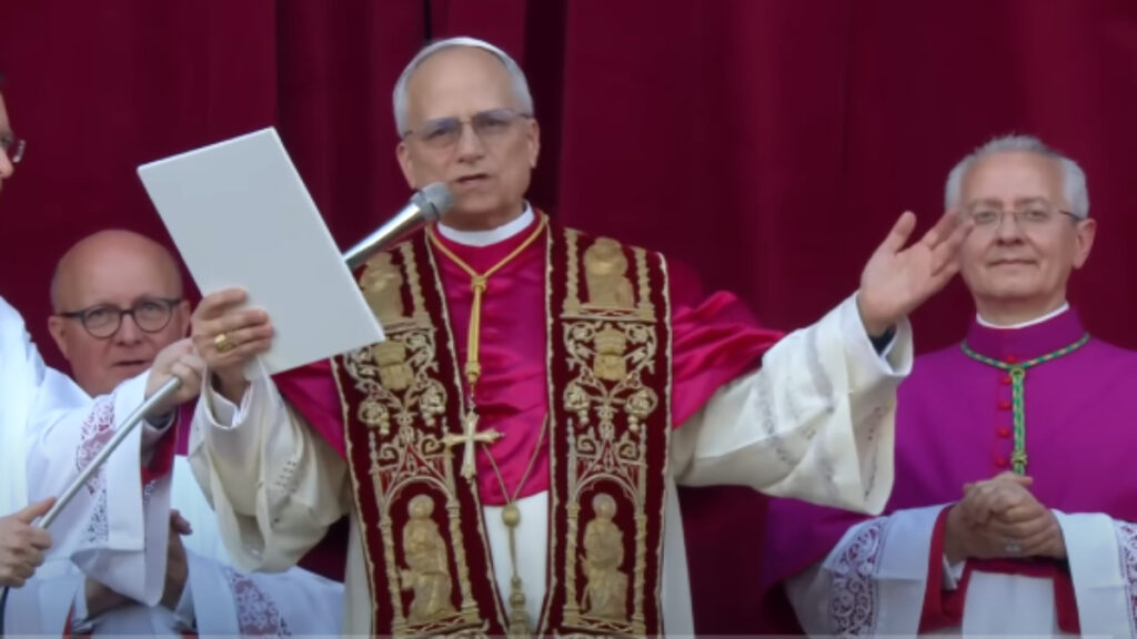 Cardinal Robert Prevost gives a speech following election as Pope.