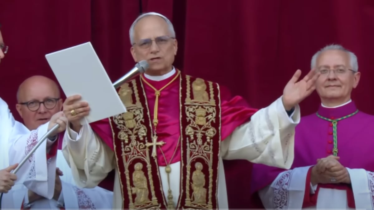 Cardinal Robert Prevost gives a speech following election as Pope.
