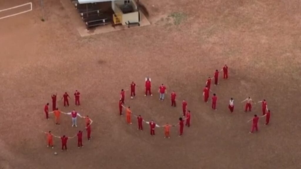 Texas Detainees at Immigration Center Spell Out SOS: ‘There Goes Yard Time’ A picture of Texas detainees calling for help.