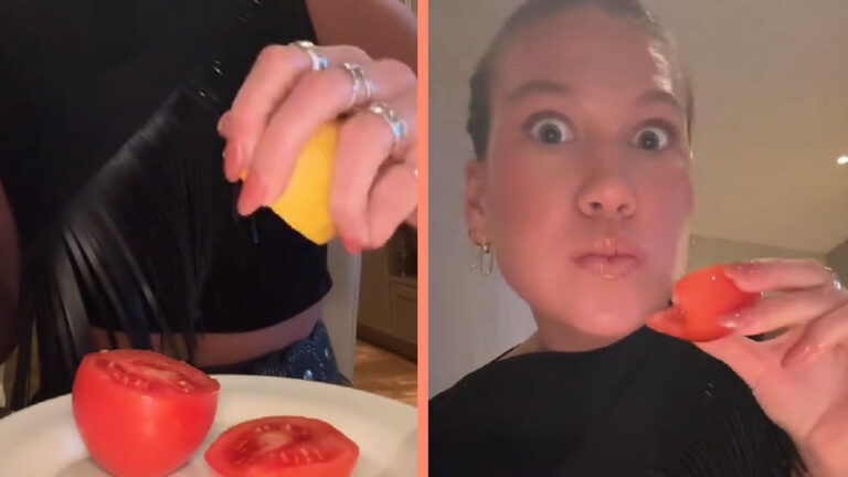 cassidy miller, a influencer on tiktok, eating a tomato at a nevada restaurant