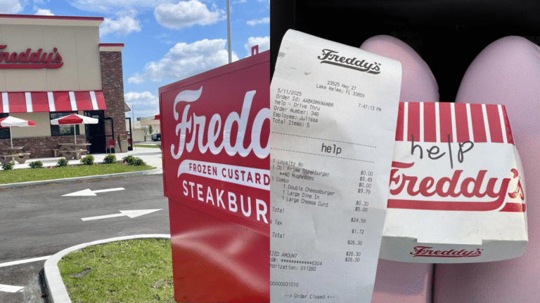 A Freddy's in Lake Wales, Florida and a diner's receipt with a message for help written on it