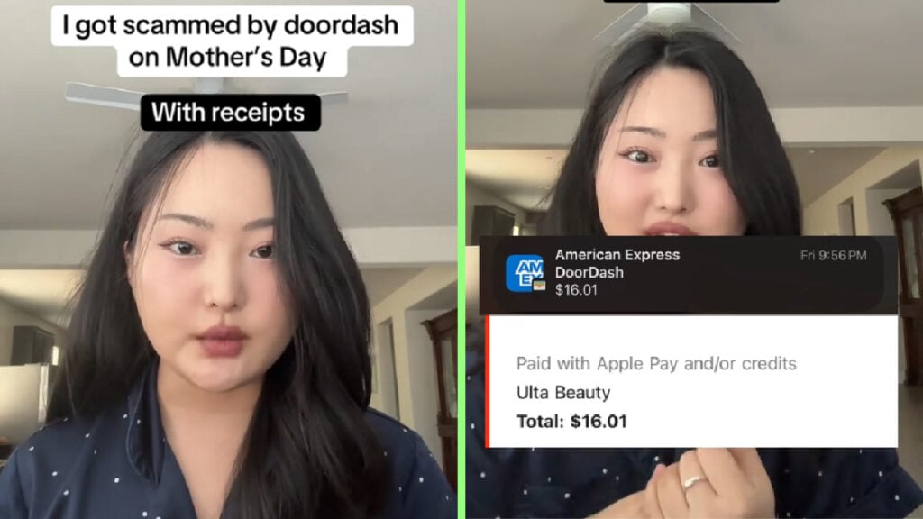 California Woman Feels Scammed by DoorDash on Mother’s Day, “I Came With Receipts” tiktok user cowsmad, expressing her experience using doordash in california