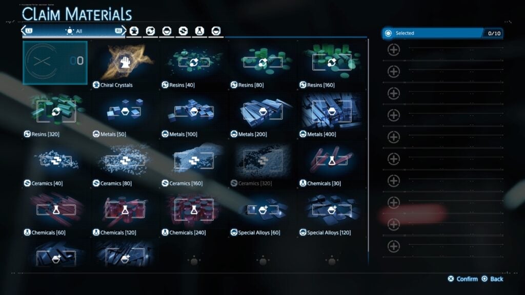 Claim Materials Menu