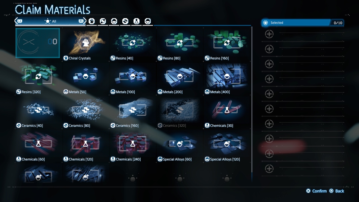 Claim Materials Menu
