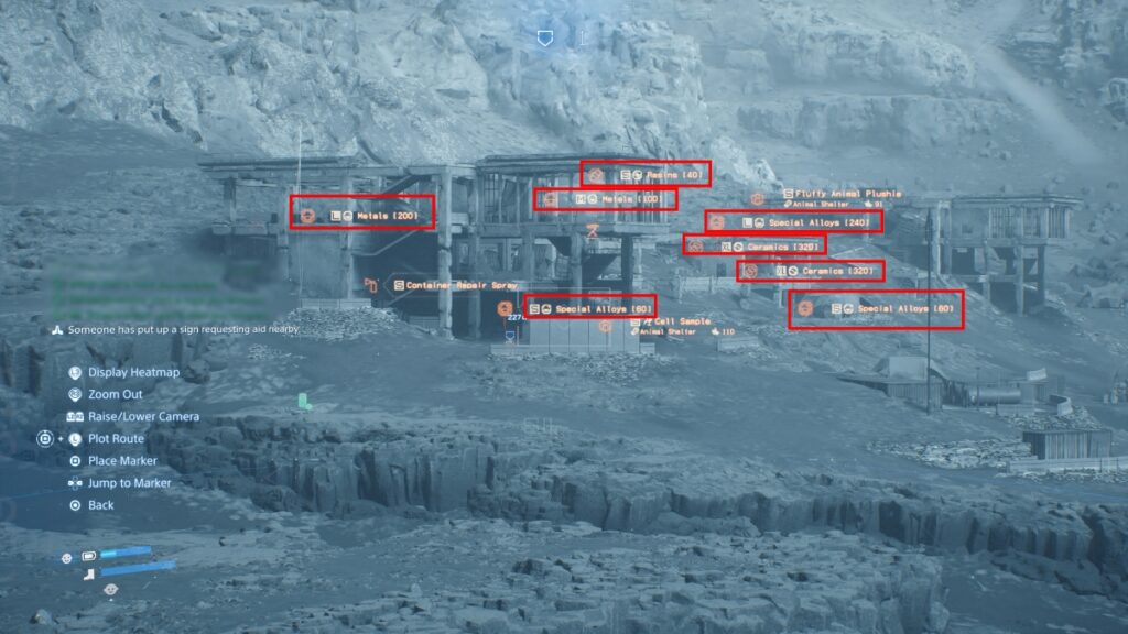 Death Stranding 2 Bandit Camp with marked materials