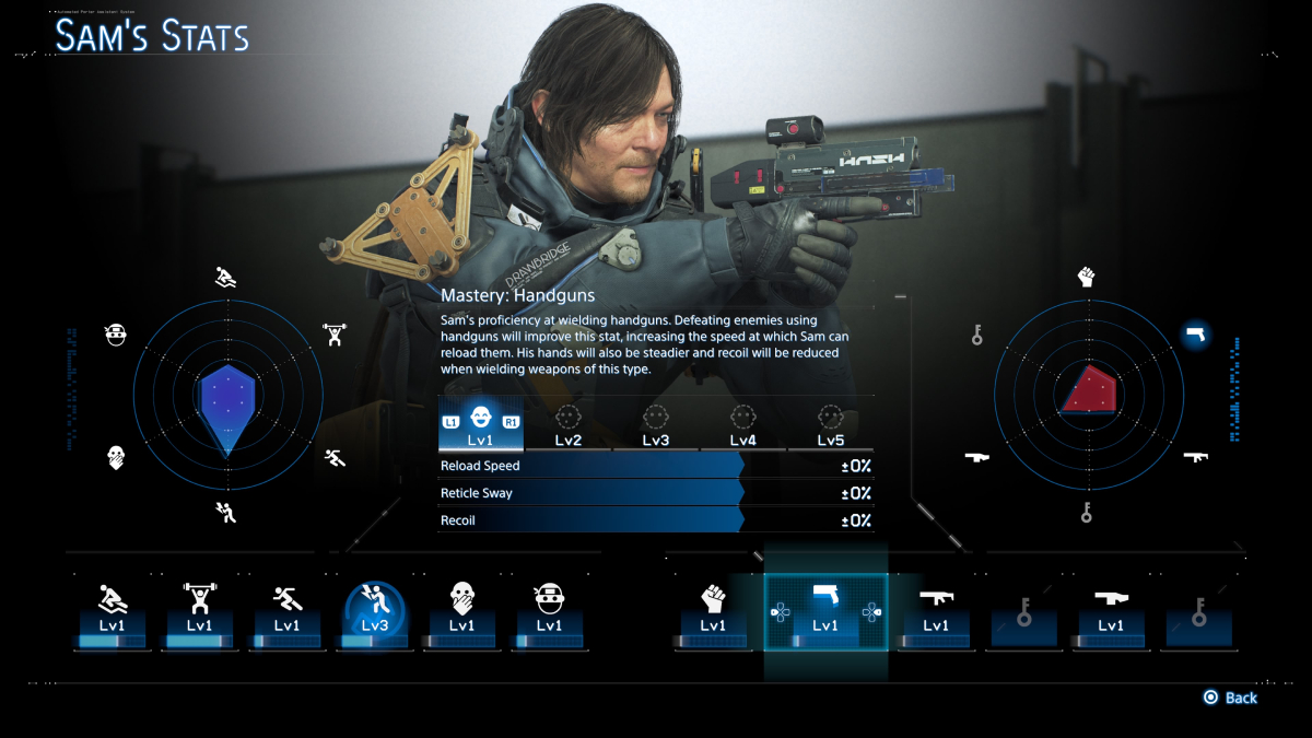 Death Stranding 2 Sam Stats Menu
