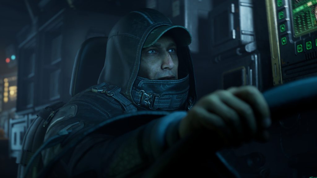 Main character driving an armored vehicle