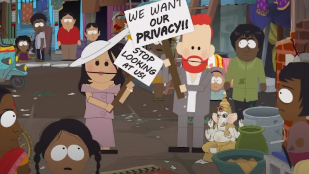 Animated Characters on South Park episode, World Wide Privacy Tour, satirizing Prince Harry and Meghan Markle.