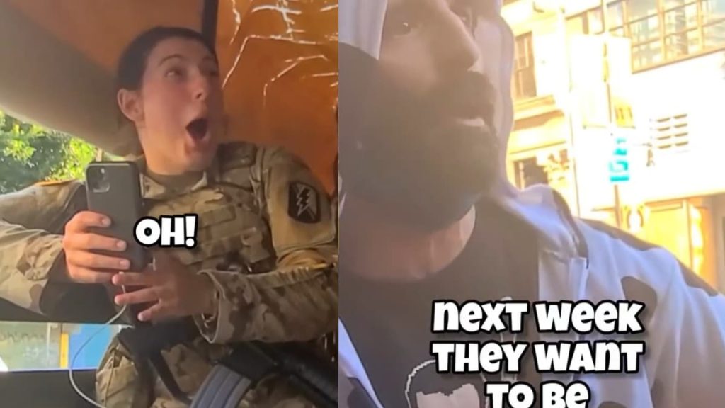 Moo-ving Performance? California Protester in Cow Suit Sings Wild Song to National Guard: ‘I Put a Baby in You’ A picture of the California protester.