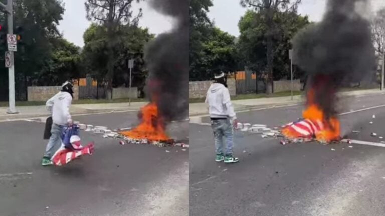 Defiant California Protester Lights American Flag on Fire in ICE Protest: ‘Down With the Oligarchy’ A picture of the California protester.